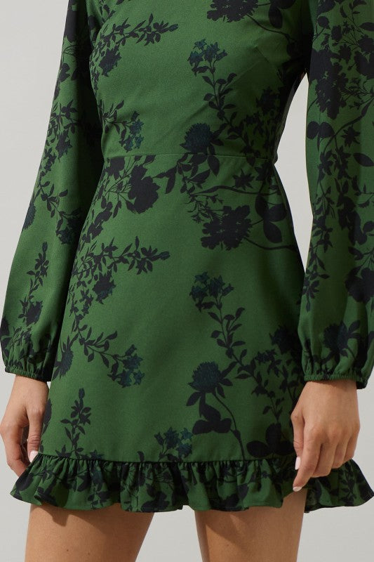 Olive and black floral Ruffle hem mini dress