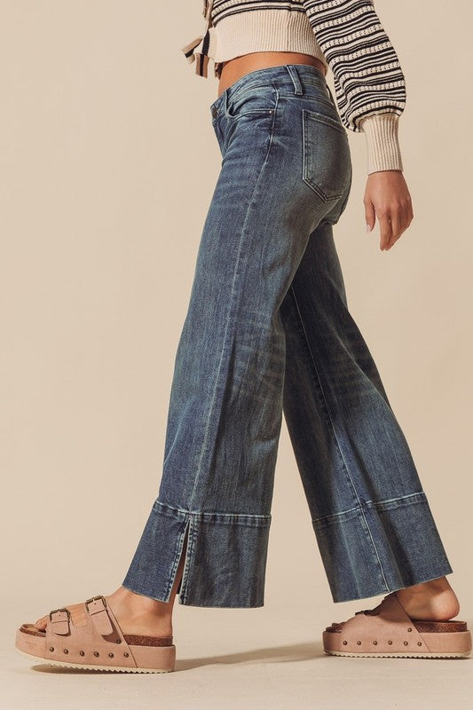 Wide leg flare denim in dark wash