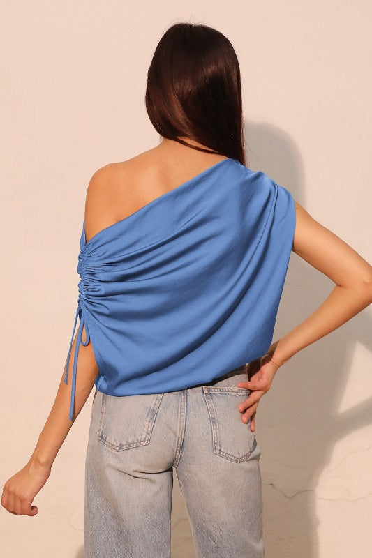 Poly silk asymmetrical drawstring top