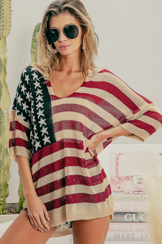 American flag print v neck sweater