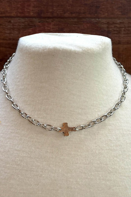 Silver chain link necklace with horizontal cross