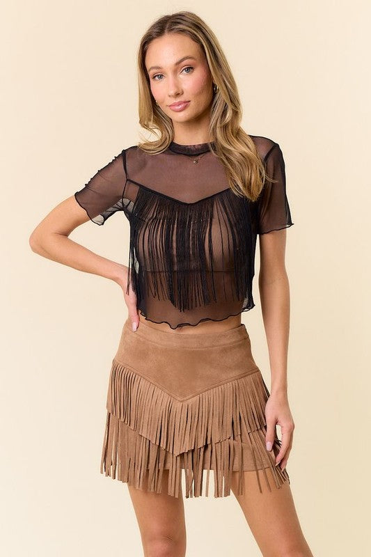 Faux suede fringe skirt (2 colors)