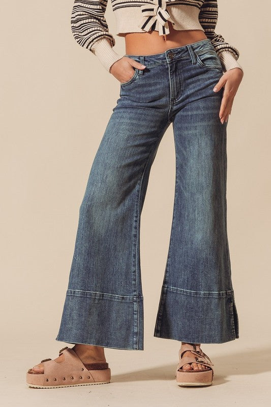 Wide leg flare denim in dark wash