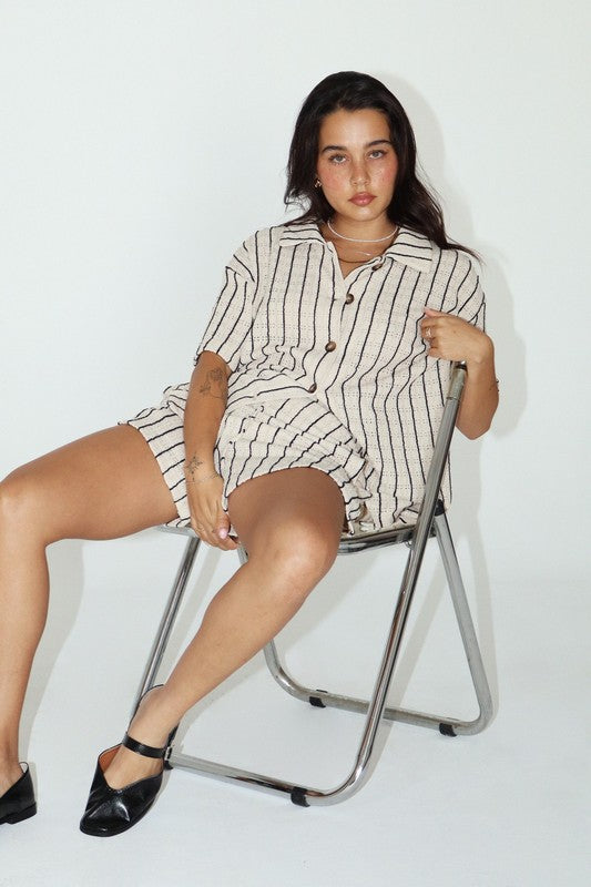 Cream & black textured short sleeve button up top