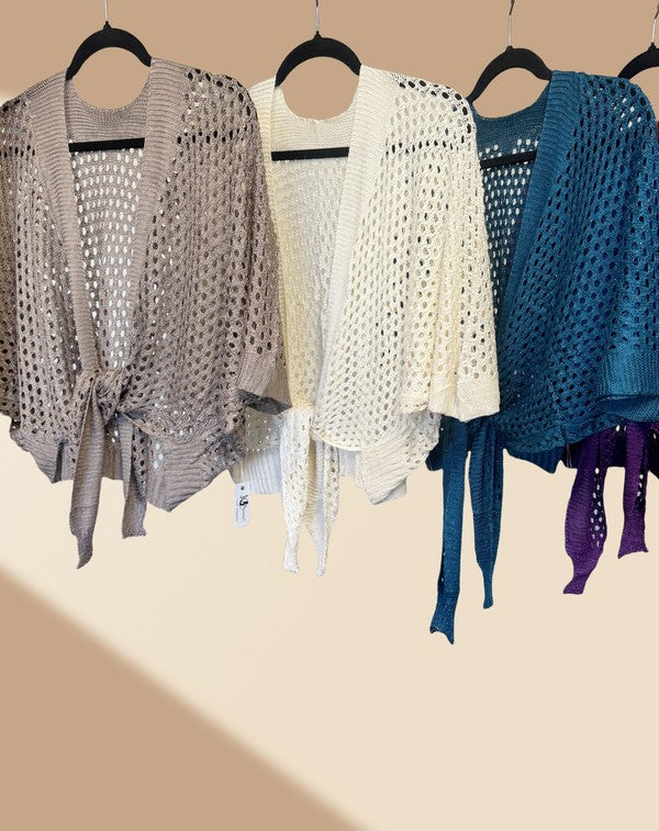 Open knit metallic tie front cardigan