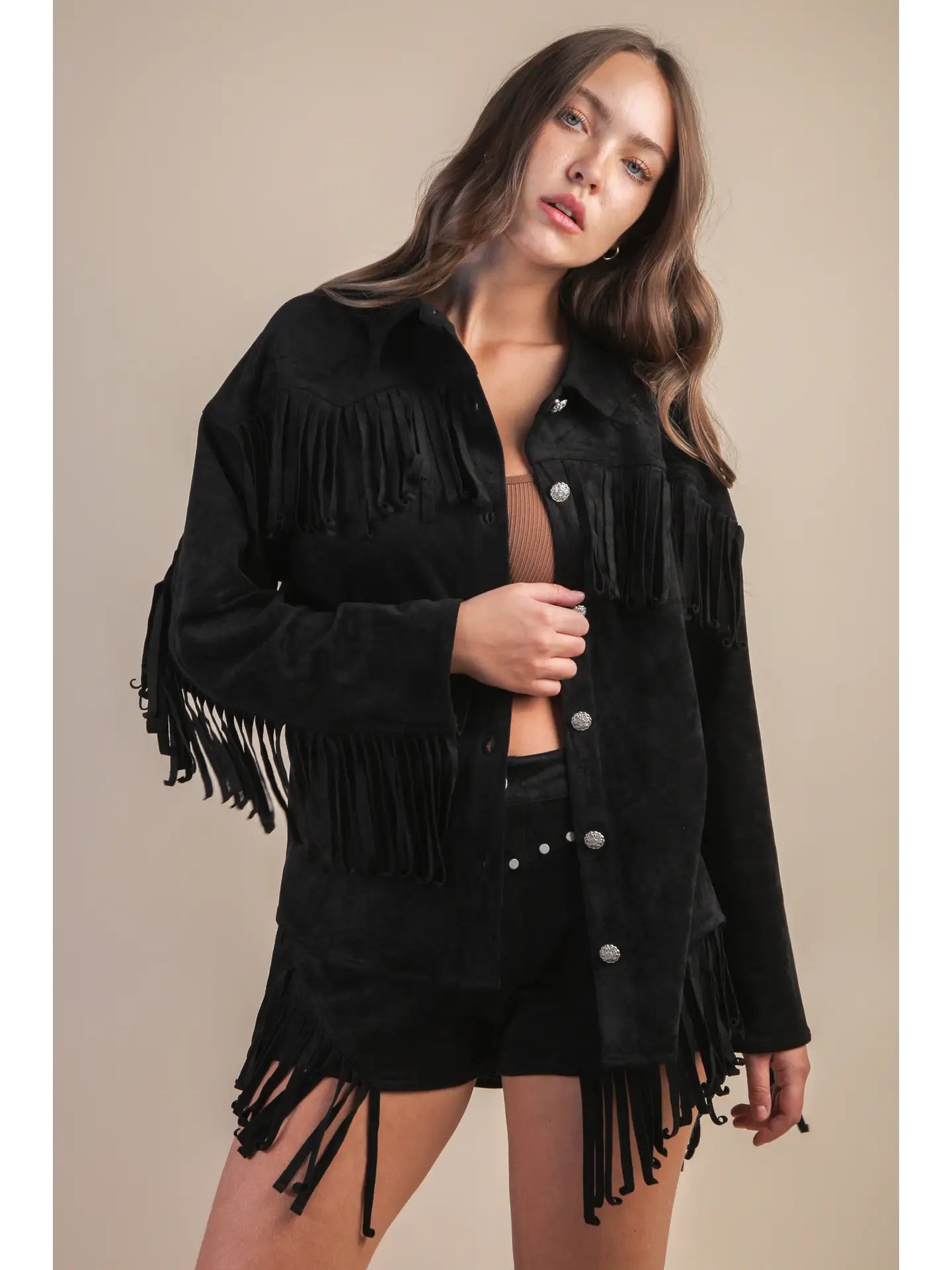 Suede feel fringe detail shacket