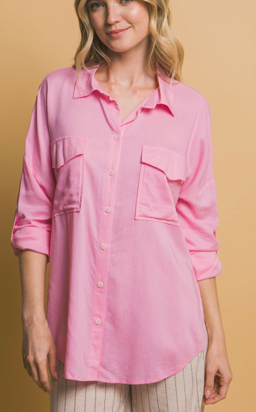Pink linen blend button down