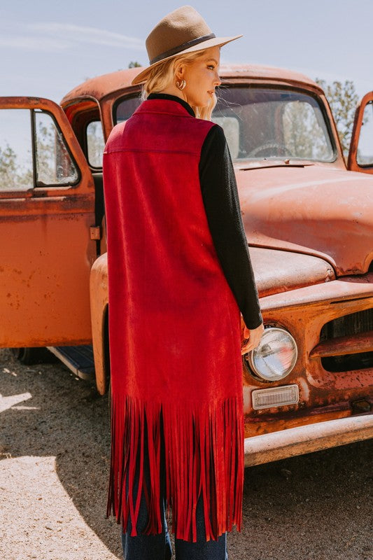Burgundy faux suede fringe long vest