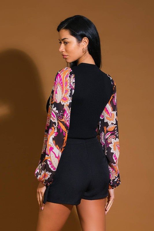 Printed sheer sleeve fitted sweater top