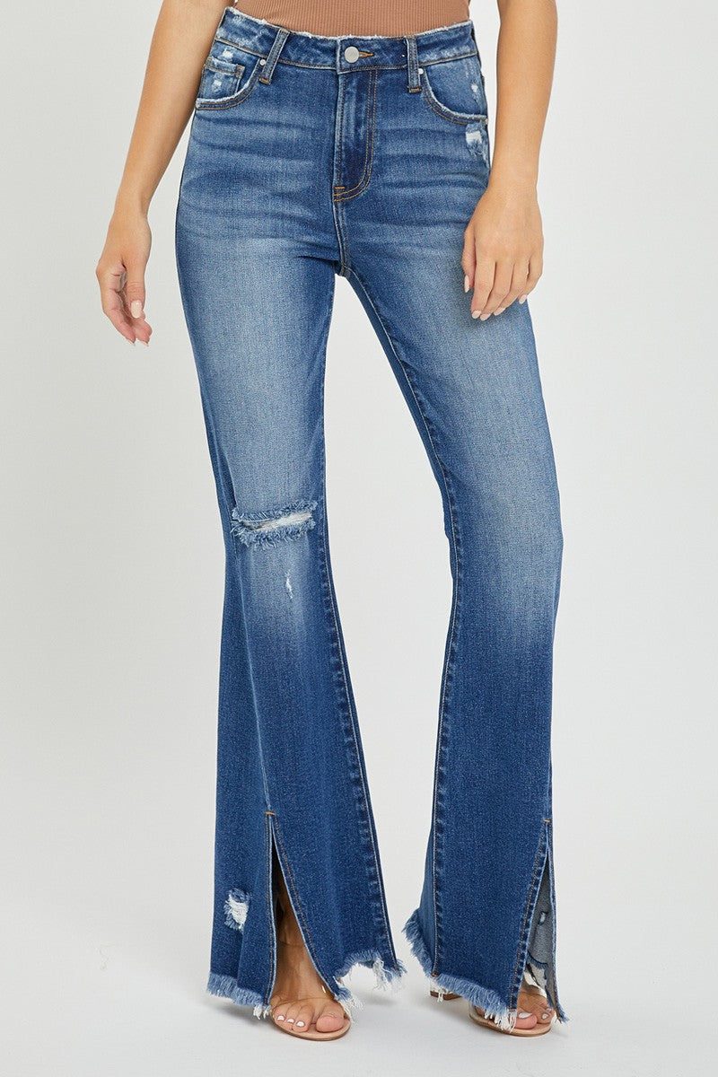 High rise front slit with frayed hem flare jeans by Risen