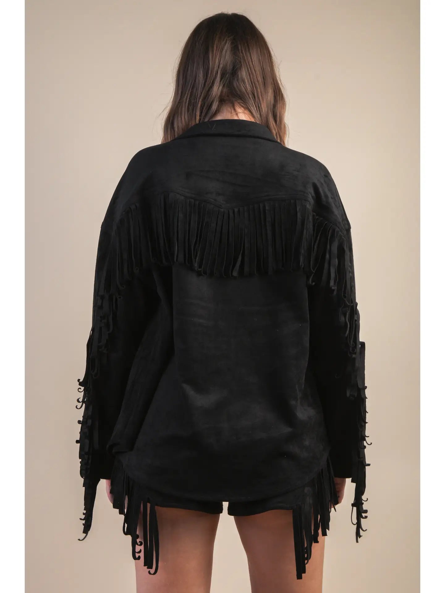 Suede feel fringe detail shacket