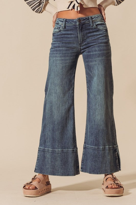 Wide leg flare denim in dark wash