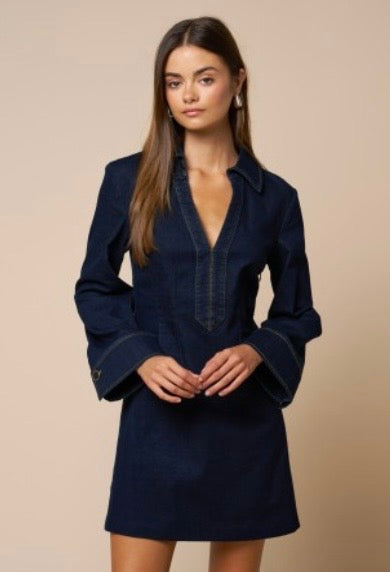 Deep V long sleeve denim dress