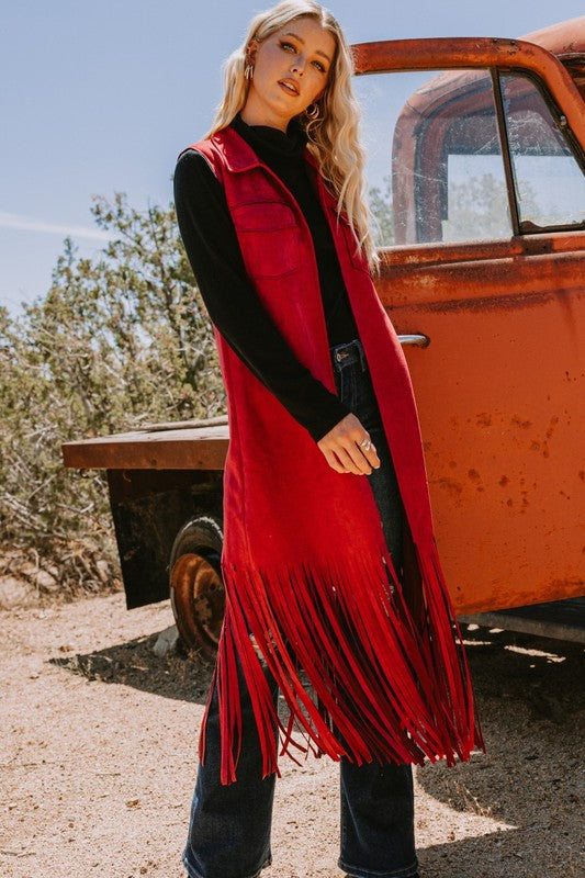 Burgundy faux suede fringe long vest
