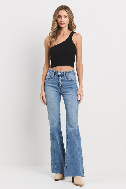 Exposed button flare with side seam detail