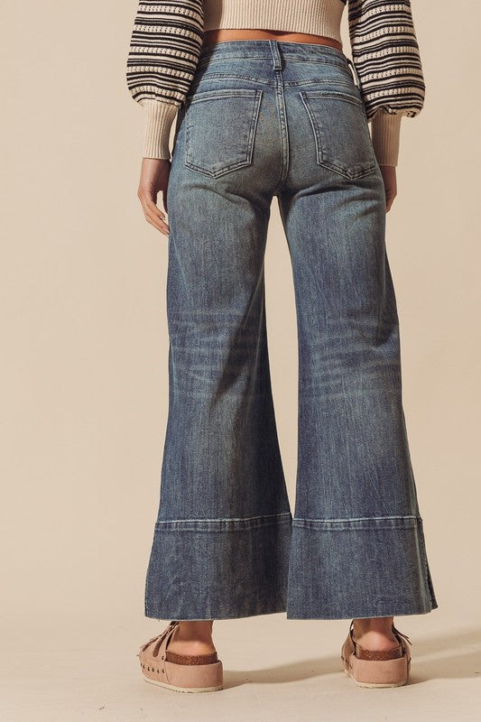 Wide leg flare denim in dark wash