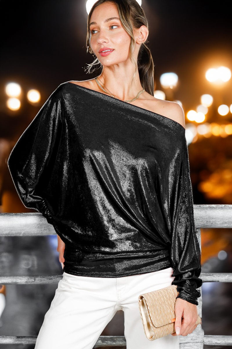 Dolman sleeve metallic foil knit top
