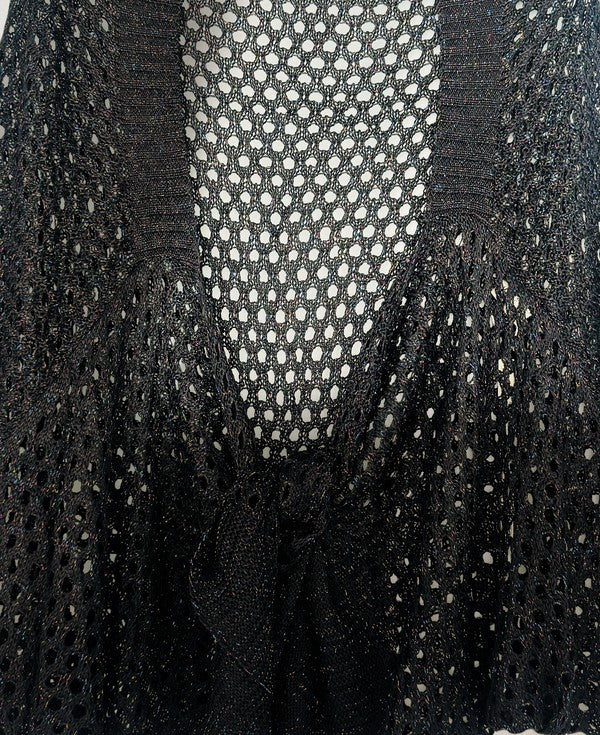 Open knit metallic tie front cardigan