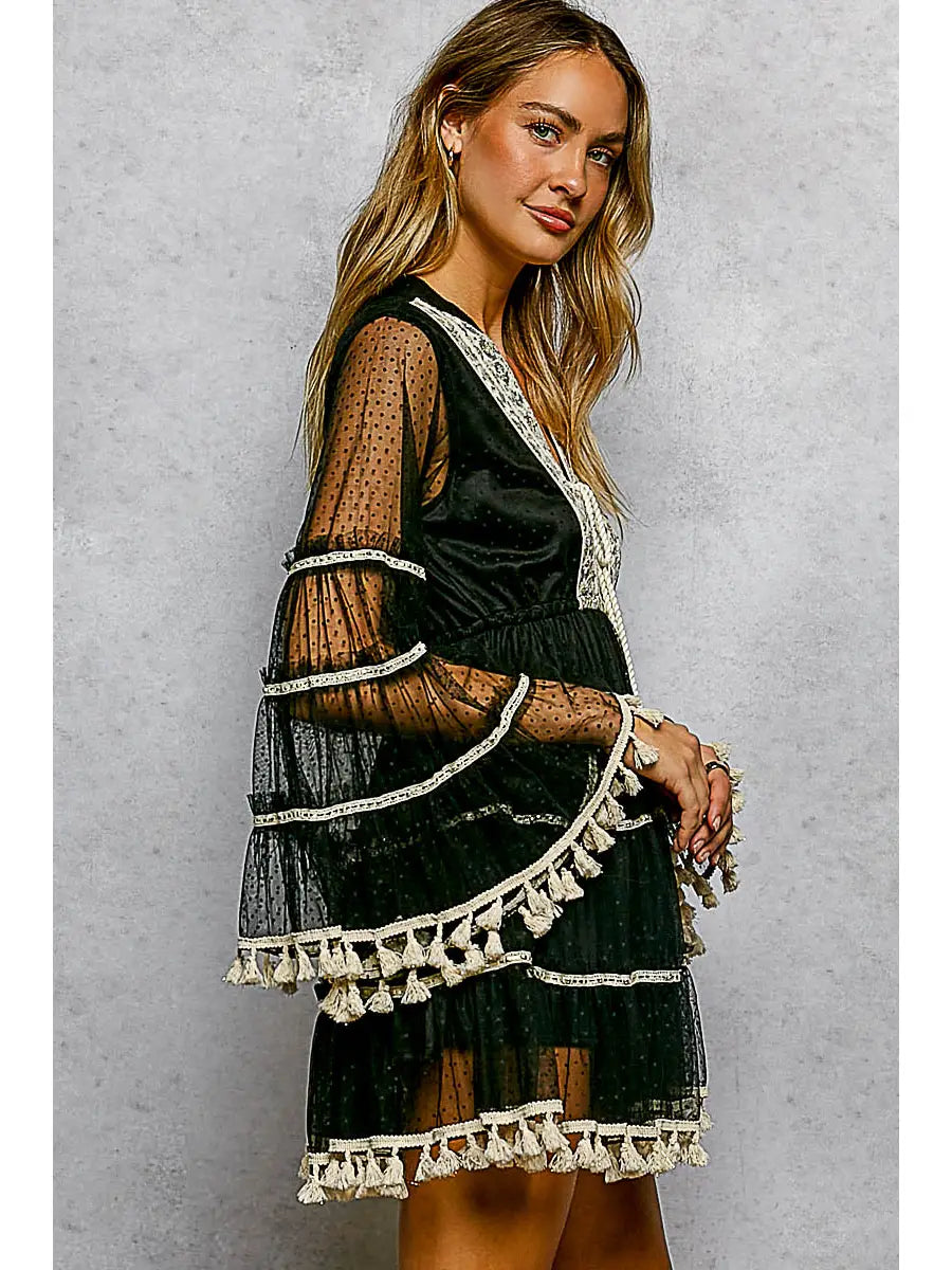 Embroidered tassel detail mini dress
