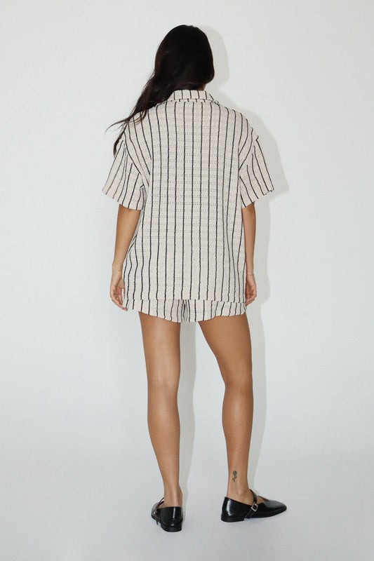 Cream & black textured short sleeve button up top