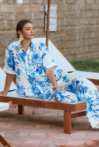 Blue floral short sleeve button up blouse