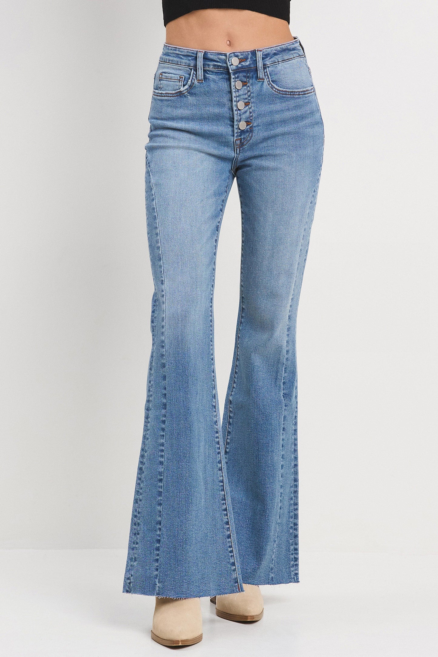 Exposed button flare with side seam detail
