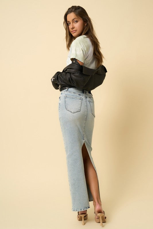 Long light washed denim skirt by Insane Gene