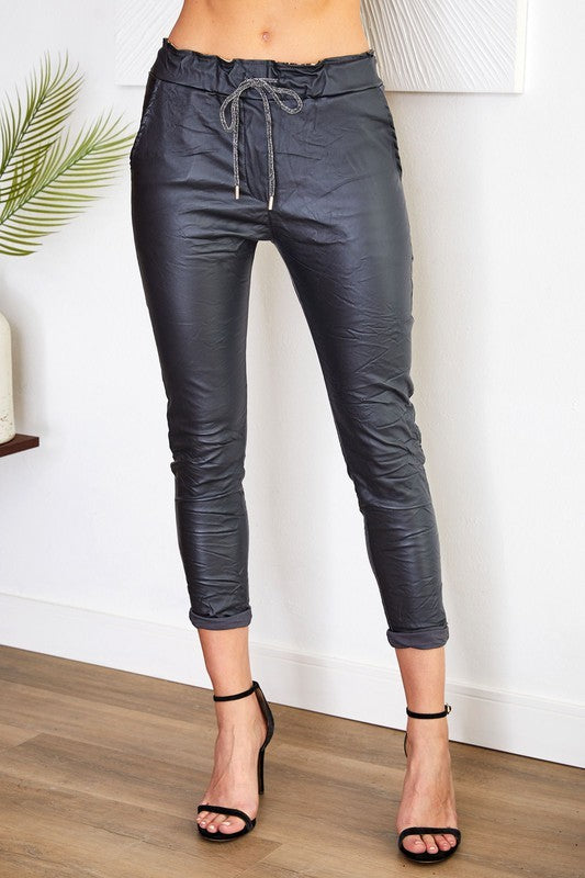 Coated charcoal crinkle jogger
