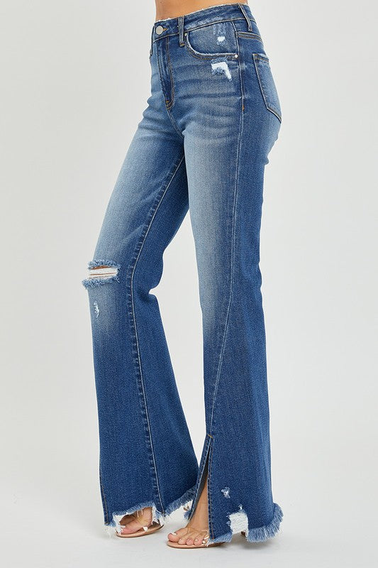 High rise front slit with frayed hem flare jeans by Risen