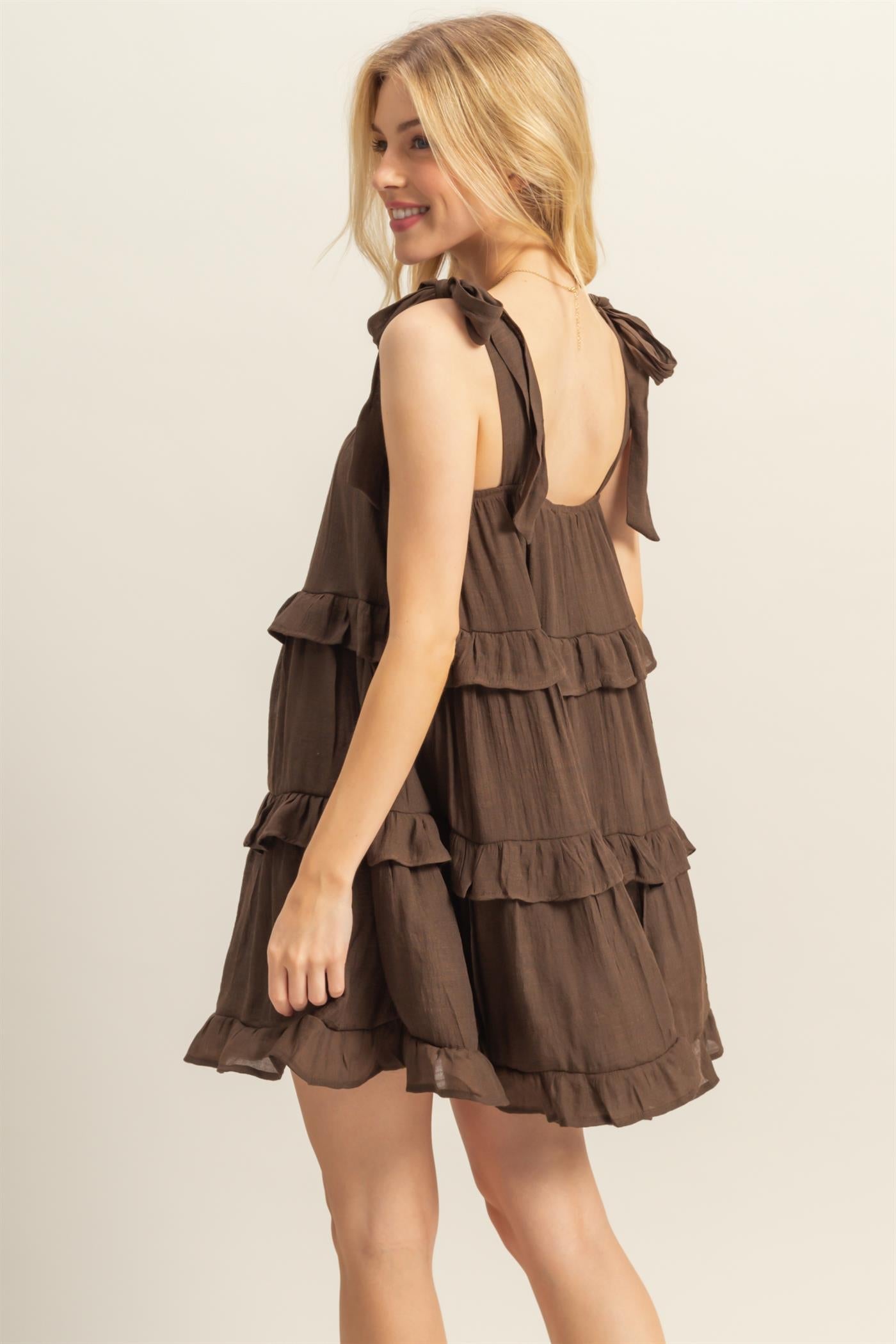 Tired ruffle mini dress in chocolate