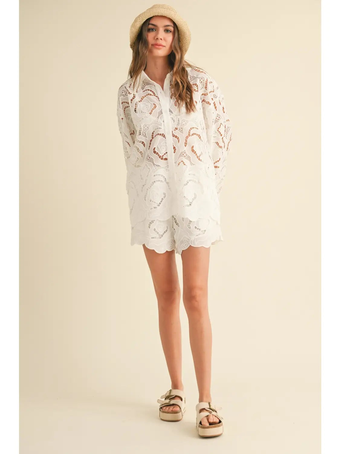 Floral eyelet patterned shorts