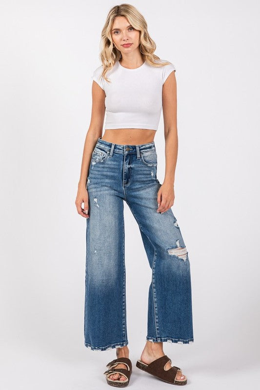 27” inseam destroyed wide leg jeans
