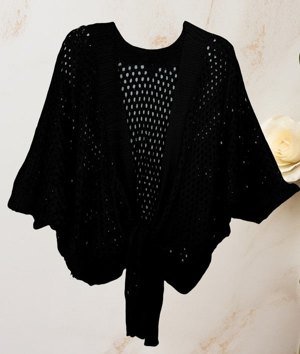 Open knit metallic tie front cardigan