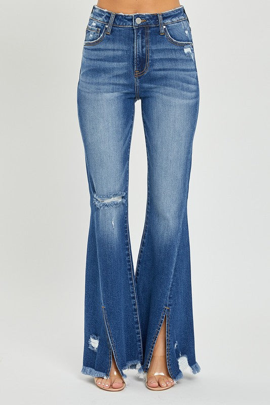 High rise front slit with frayed hem flare jeans by Risen