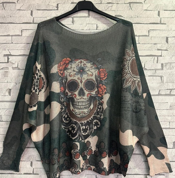 One size olive printed skull sweater