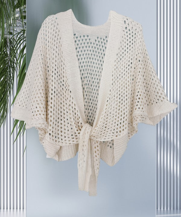 Open knit metallic tie front cardigan