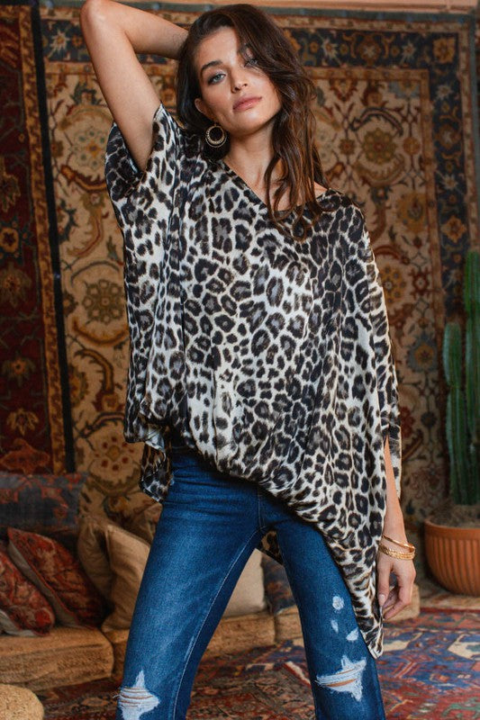 Leopard print satin poncho blouse