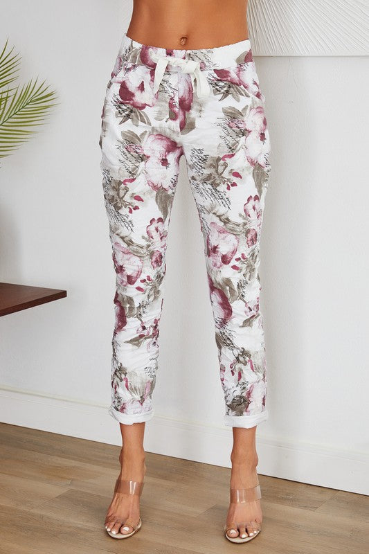 Floral print crinkle jogger with cursive lettering