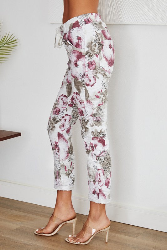 Floral print crinkle jogger with cursive lettering