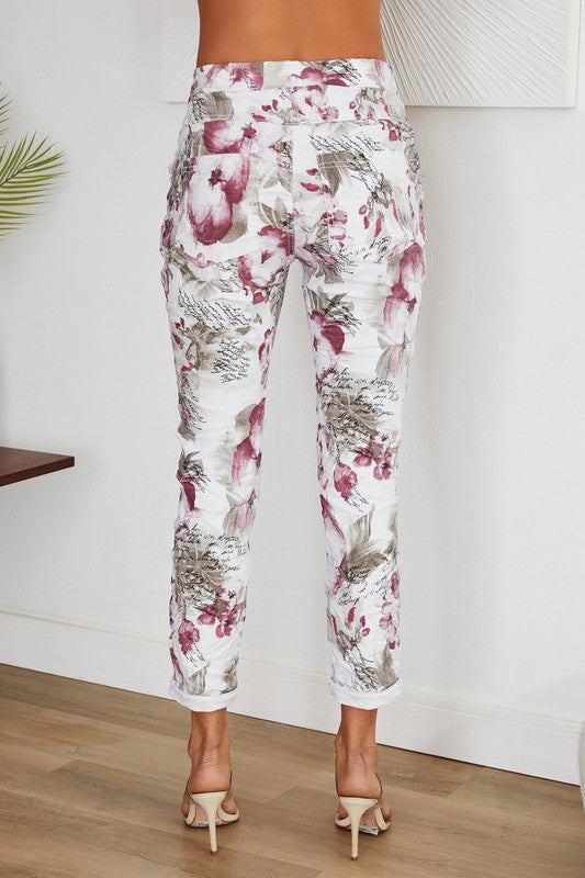 Floral print crinkle jogger with cursive lettering