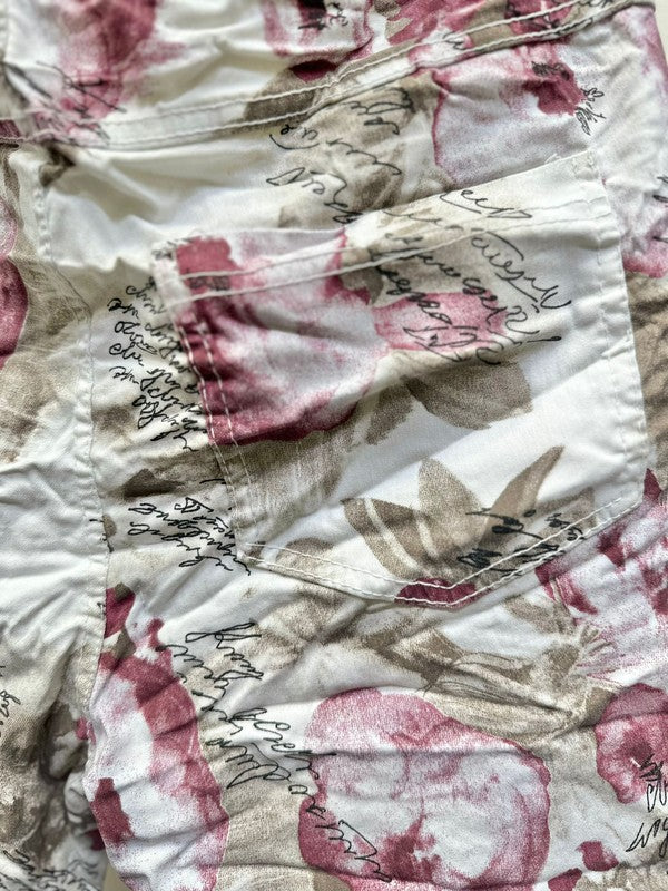 Floral print crinkle jogger with cursive lettering