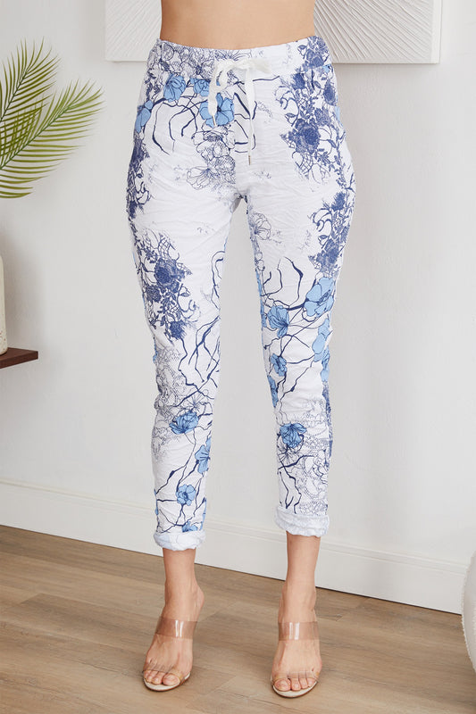 Blue floral print crinkle jogger with