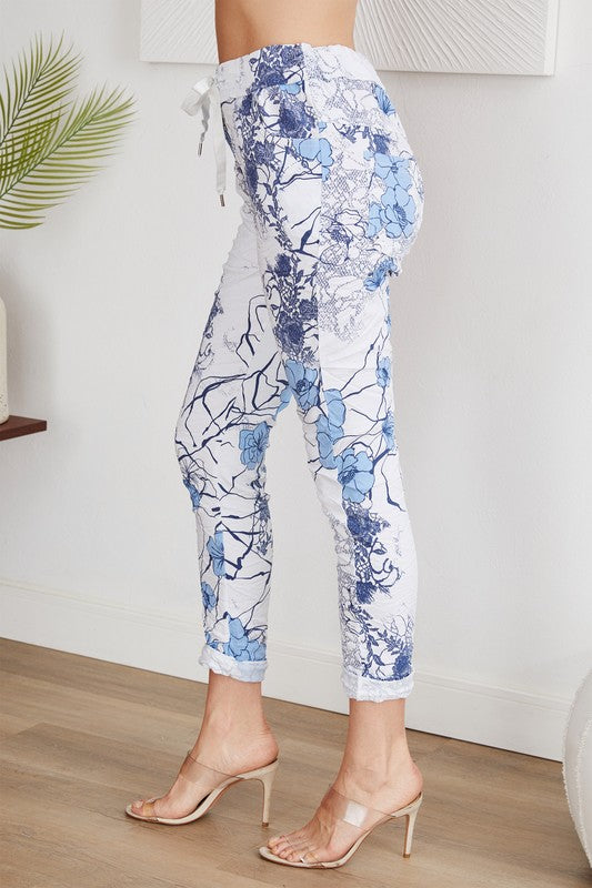 Blue floral print crinkle jogger with