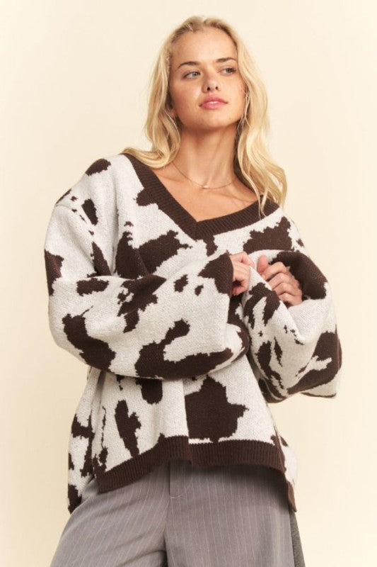Cow patterned v neck sweater