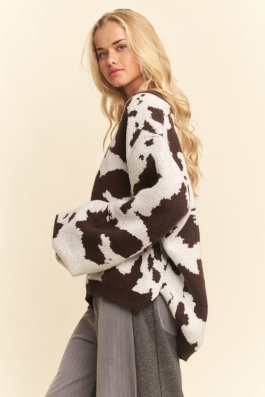 Cow patterned v neck sweater