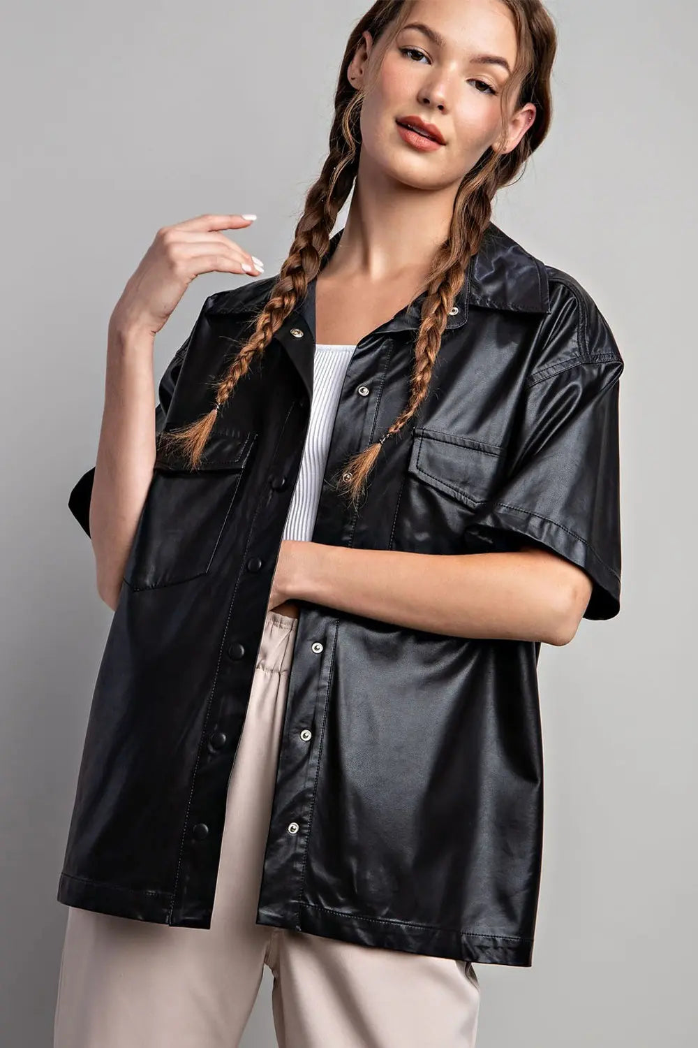 Vegan leather button down shirt