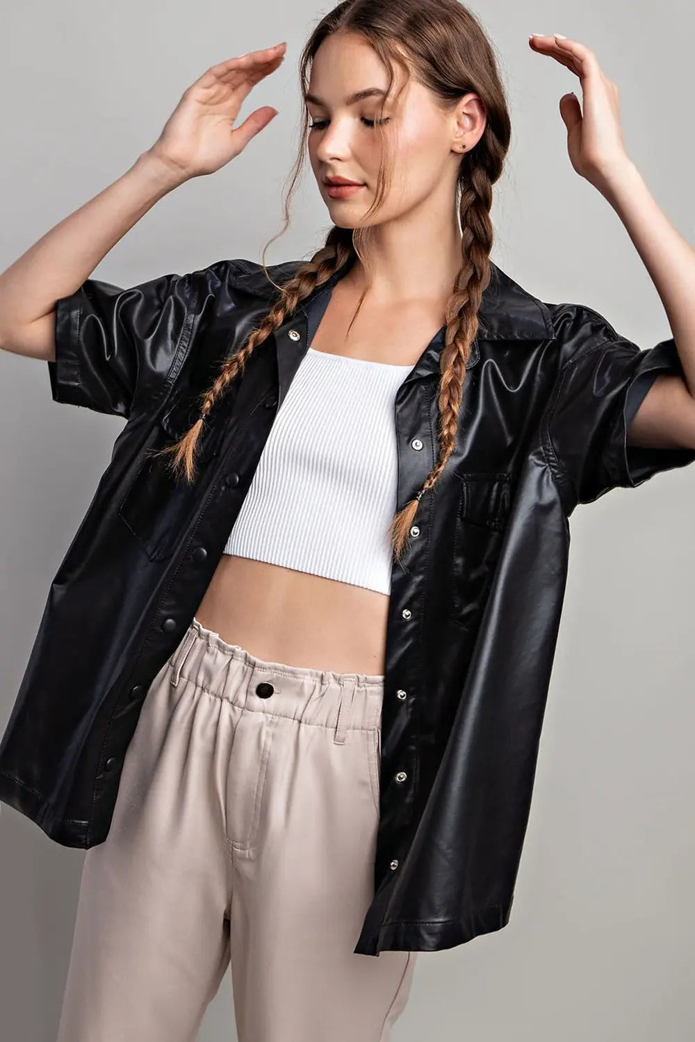 Vegan leather button down shirt