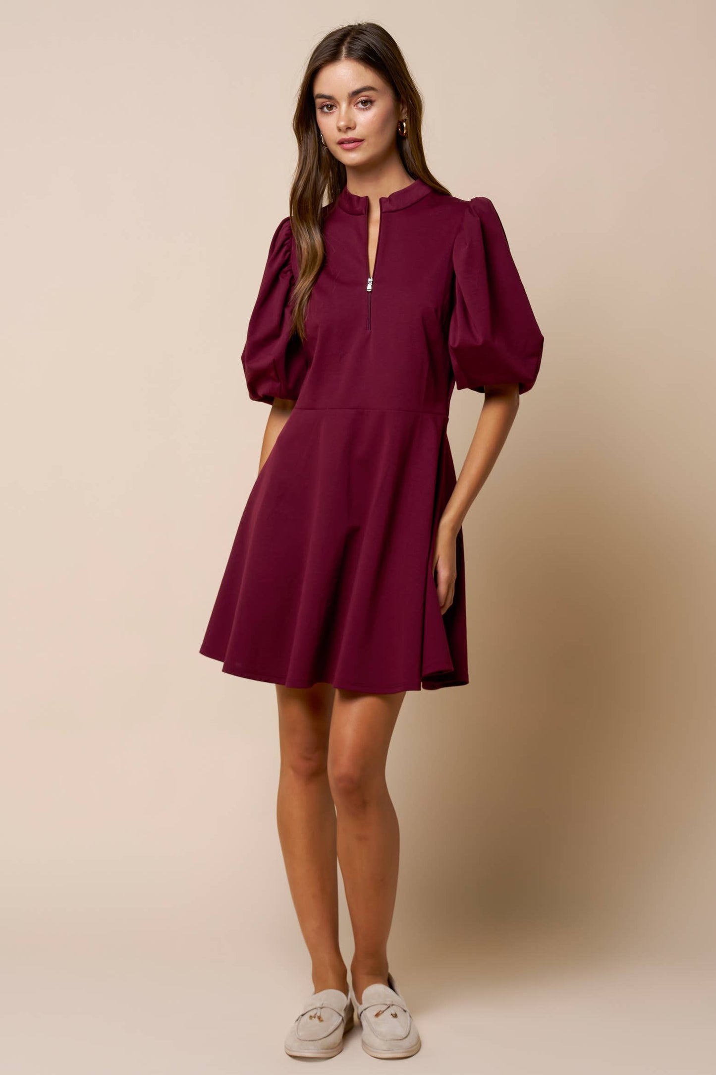 Hi Neck Puff Sleeve Fit & Flare Scuba Dress