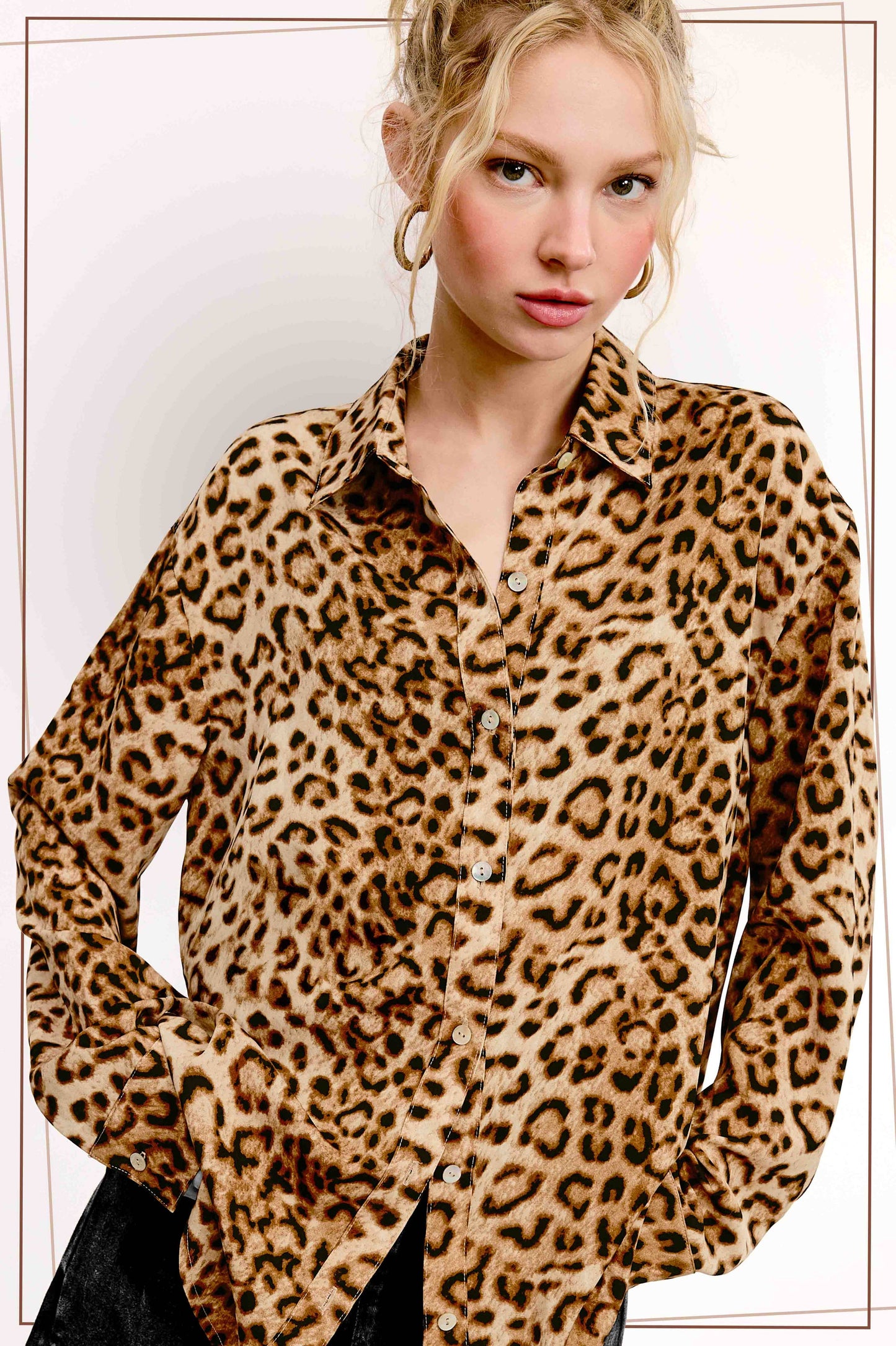 SRT7902-Leopard Printed Button Down Shirt Long Sleeve Fall