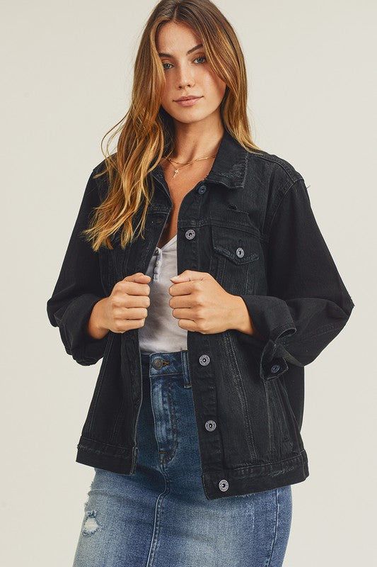 Black relaxed fit denim jacket by Risen